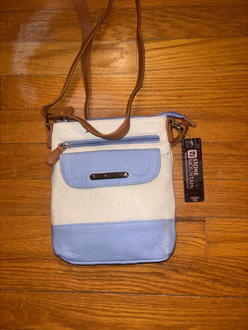 Stone Mountain Accessories Cream and Light Blue Crossbody with Brown Strap